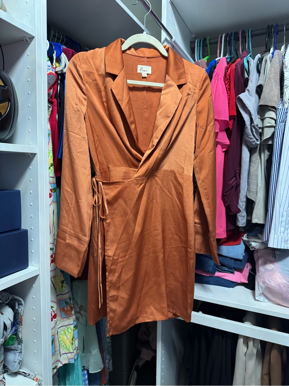 Lena Rust-Orange Wrap Dress with Tie Waist